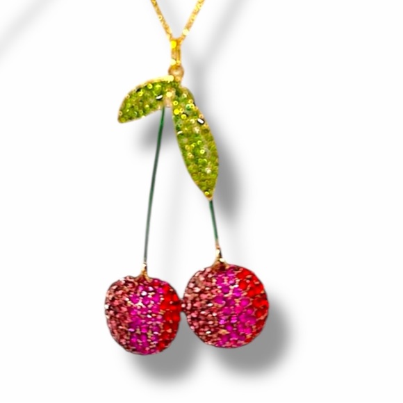 Crystal Studded Cherry Pendant Necklace – Gold Tone Chain – Statement – Like New - Picture 3 of 4